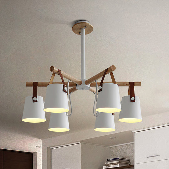 Lustre en métal blanc : suspension de salon tonneau avec bracelet en cuir - 6 lumières
