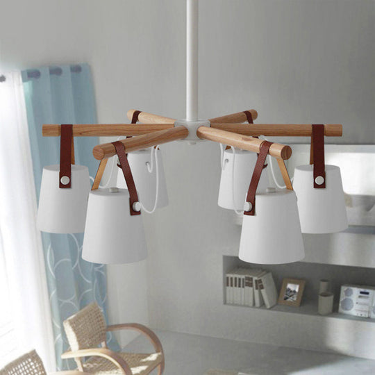 Lustre en métal blanc : suspension de salon tonneau avec bracelet en cuir - 6 lumières