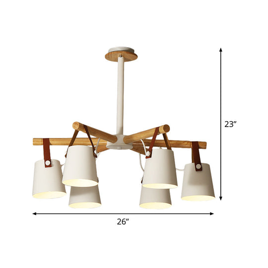 Lustre en métal blanc : suspension de salon tonneau avec bracelet en cuir - 6 lumières