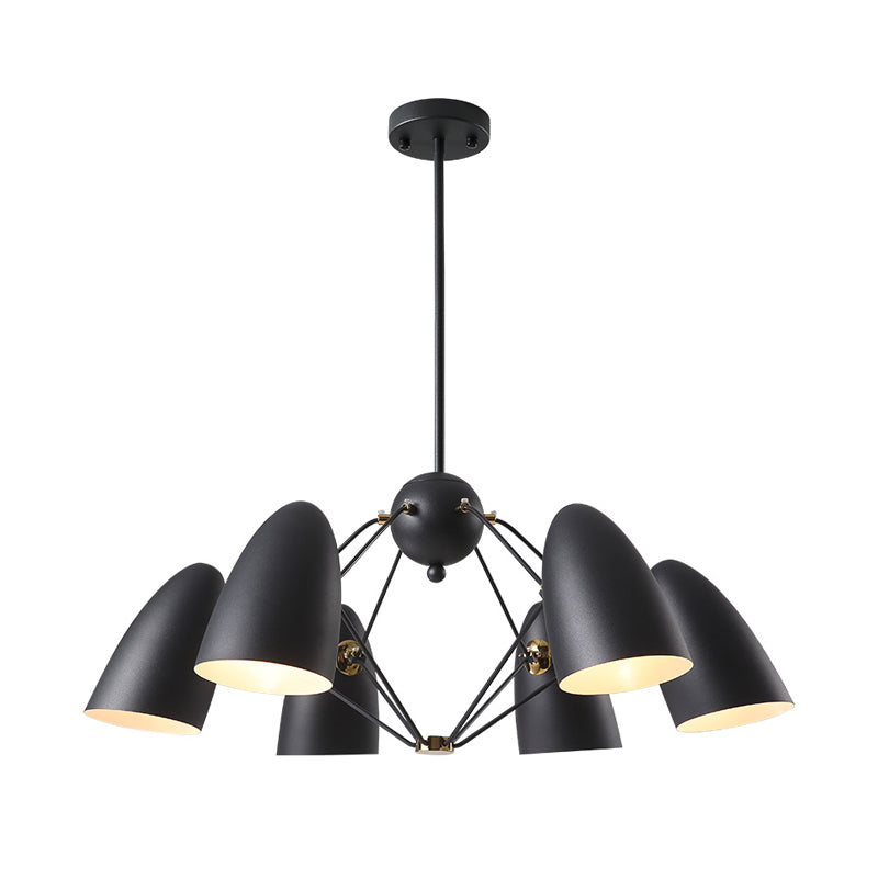 Contemporary 6-Light Downward Metal Shade Chandelier In White/Black Finish - Bullet Ceiling Fixture