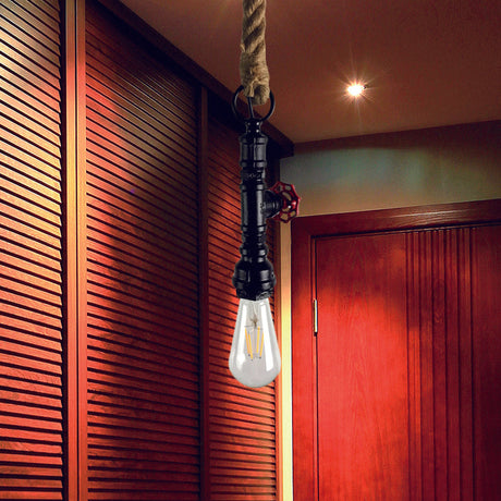 Vintage 1-Bulb Pipe & Valve Pendant Light Bar Lamp - Black/Silver/Copper With Rope Cord Black