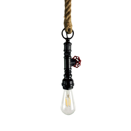 Vintage 1-Bulb Pipe & Valve Pendant Light Bar Lamp - Black/Silver/Copper With Rope Cord