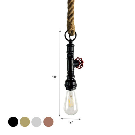 Vintage 1-Bulb Pipe & Valve Pendant Light Bar Lamp - Black/Silver/Copper With Rope Cord