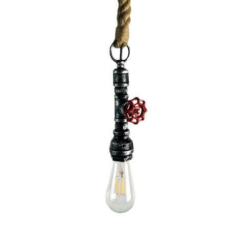 Vintage 1-Bulb Pipe & Valve Pendant Light Bar Lamp - Black/Silver/Copper With Rope Cord