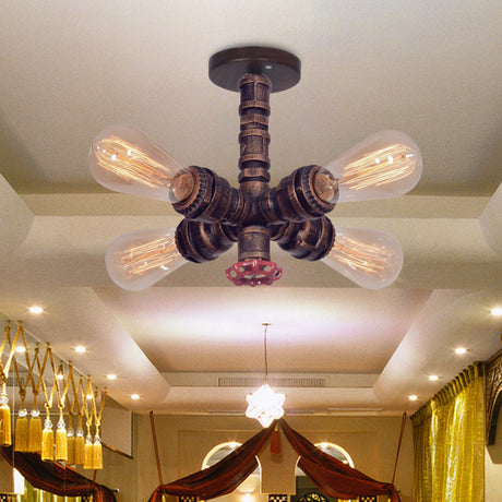 Copper Vintage Metal Sputnik Pipe Flushmount Lighting Fixture - 4 Lights Semi Flush Valve Deco