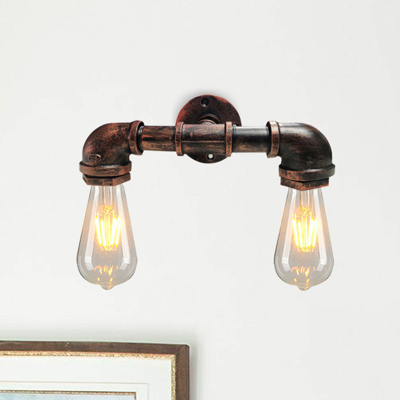 Farmhouse Metal Sconce Light With 2-Head Bare Bulbs In Black/Rust Finish Rust