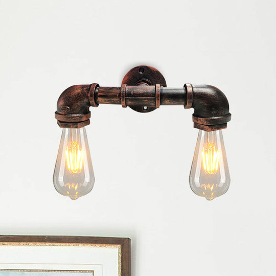 Farmhouse Metal Sconce Light With 2-Head Bare Bulbs In Black/Rust Finish Rust