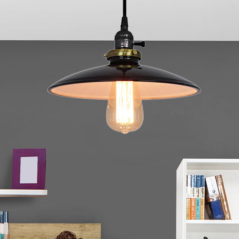 Vintage Metal Flared Hanging 1-Light Pendant Lamp For Balcony Ceiling In White/Black Black