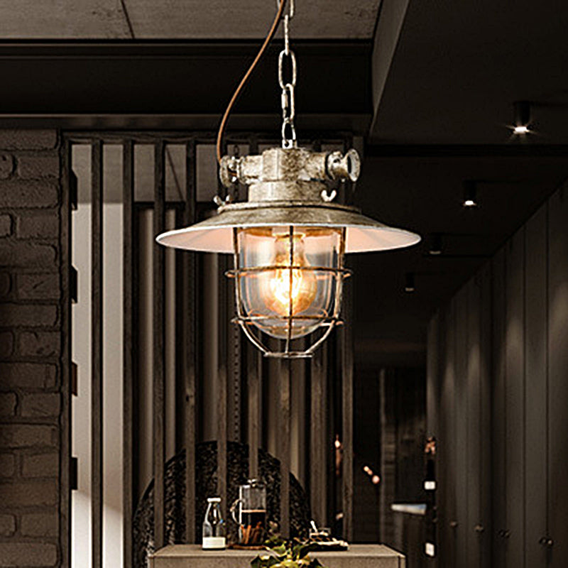 Vintage Silver Down Lighting Industrial Wire Cage Pendant Lamp With Clear Glass Shade Aged