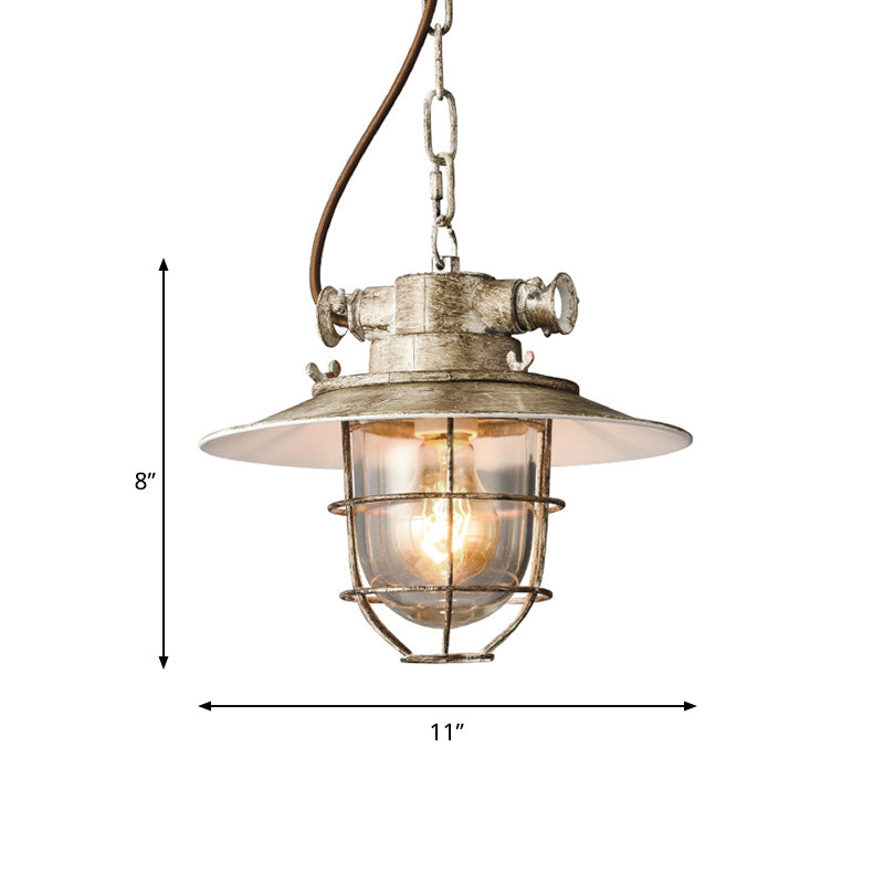 Aged Silver 1-Head Industrial Wire Cage Hanging Lamp Kit With Clear Glass Shade