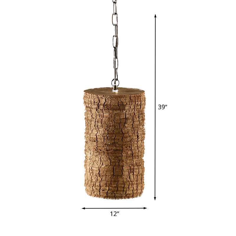 Industrial Brown Resin Pendant Ceiling Lamp - Timber Pile Design 1 Light Cylinder Hanging Kit