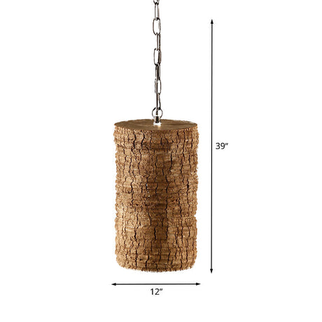 Industrial Brown Resin Pendant Ceiling Lamp - 1 Light Cylinder Hanging Kit With Timber Pile Design