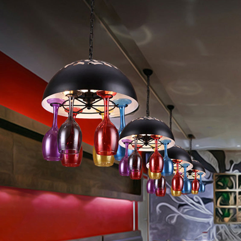 Vintage 4-Light Dome Iron Hanging Chandelier: Restaurant Pendant Lamp In Black With Colorful Wine
