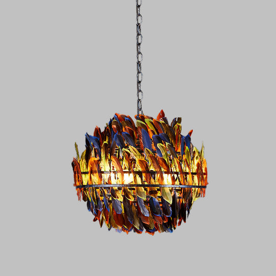 Iron Blue Ceiling Chandelier: Industrial 4-Light Suspension Lamp With Multicolor Feather Deco