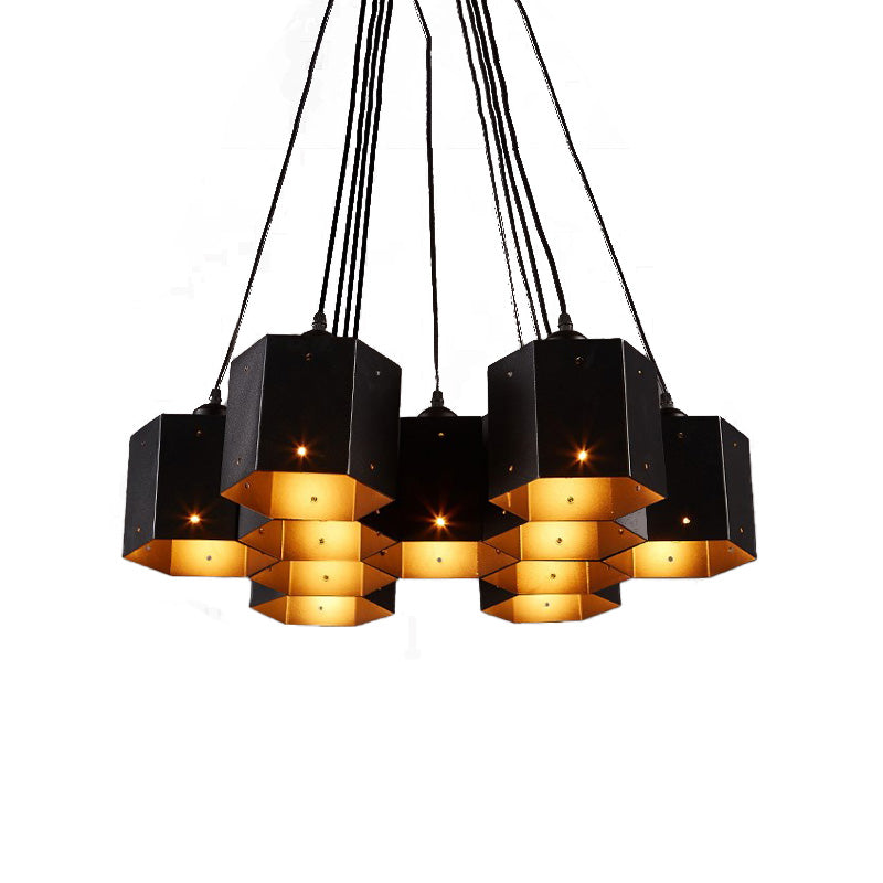 Vintage Hexagon Pendant Chandelier With Black Down Lighting & Honeycomb Design - 7/10/11 Lights