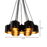 Vintage Hexagon Pendant Chandelier With Black Down Lighting & Honeycomb Design - 7/10/11 Lights