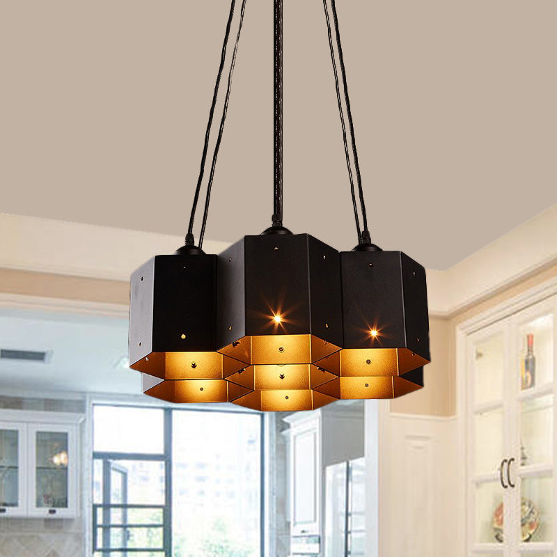 Vintage Hexagonal Chandelier With Black Honeycomb Design - 7/10/11 Down Lights For Restaurants