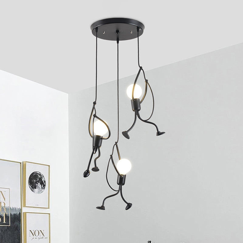 Industrial Hanging Light Fixture With Human Shape Design - 3-Bulb Restaurant Pendant Lamp In Black