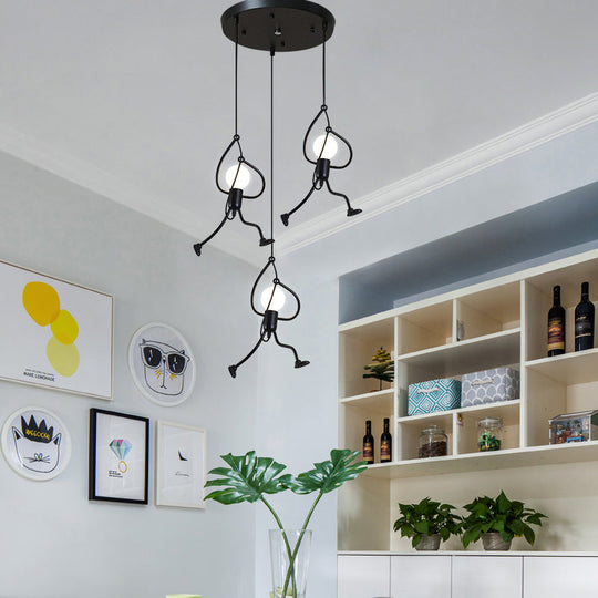 Industrial Hanging Light Fixture With Human Shape Design - 3-Bulb Restaurant Pendant Lamp In Black