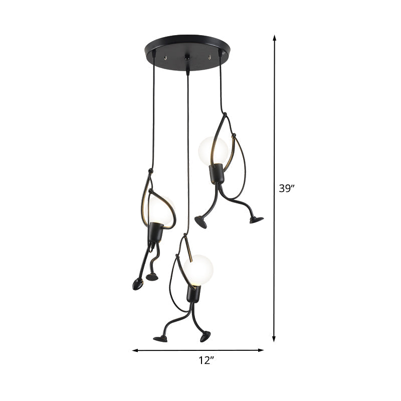 Industrial Hanging Light Fixture With Human Shape Design - 3-Bulb Restaurant Pendant Lamp In Black