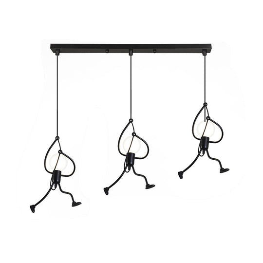 Industrial Hanging Light Fixture With Human Shape Design - 3-Bulb Restaurant Pendant Lamp In Black