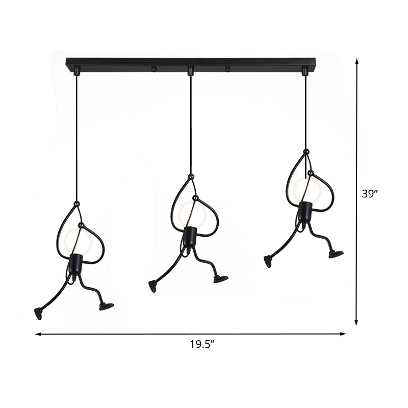 Industrial Hanging Light Fixture With Human Shape Design - 3-Bulb Restaurant Pendant Lamp In Black