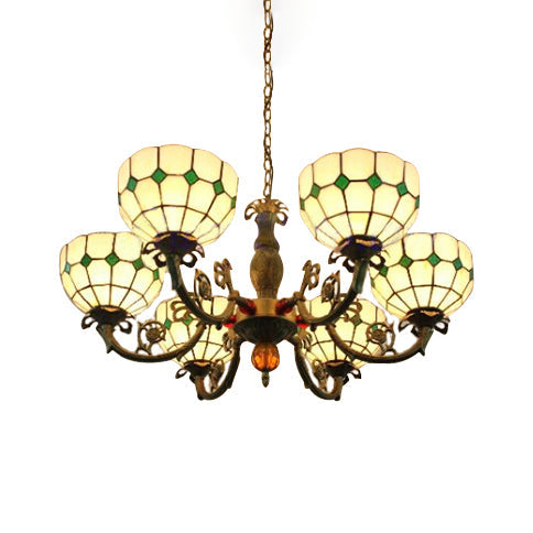 Tiffany Antique Glass Chandelier With 6 Heads In Green/Yellow For Hotel Green