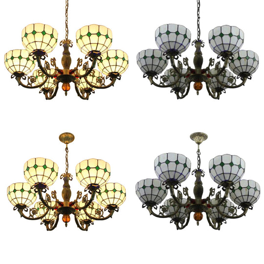 Tiffany Antique Glass Chandelier In Green/Yellow With 6 Bowl Shade Heads For Hotels