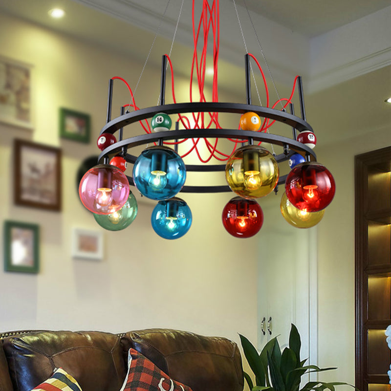 Vintage Colorful Glass Chandelier With Billiard Decoration - Black Round Ceiling Pendant Light For