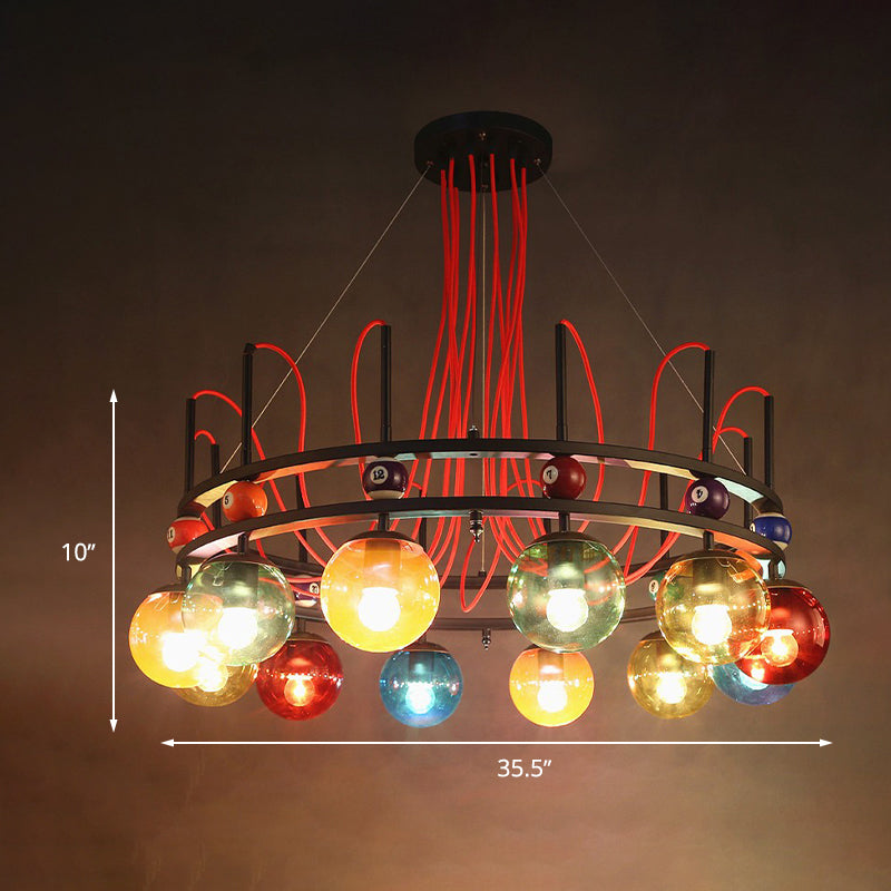 Vintage Colorful Glass Chandelier With Billiard Decoration - Black Round Ceiling Pendant Light For