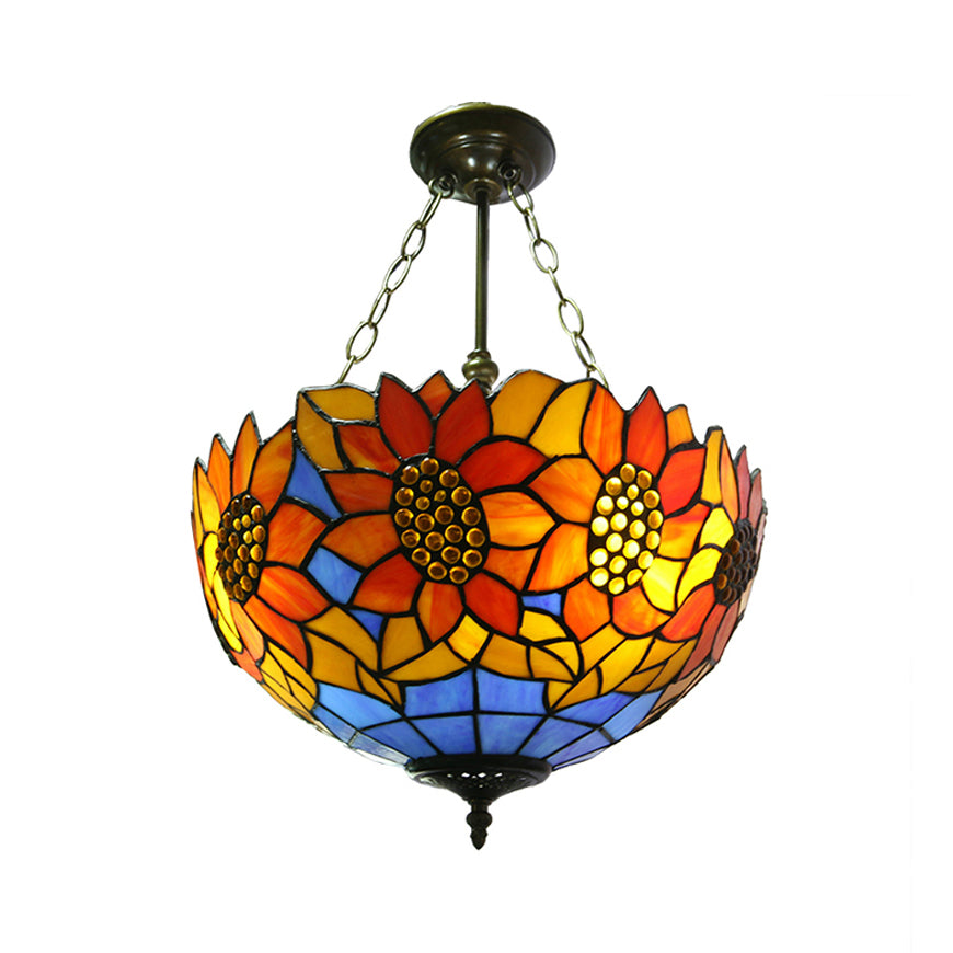 Sunflower Stained Glass Ceiling Light - Rustic Tiffany Style In Orange 12’/16’ Width Semi Flush