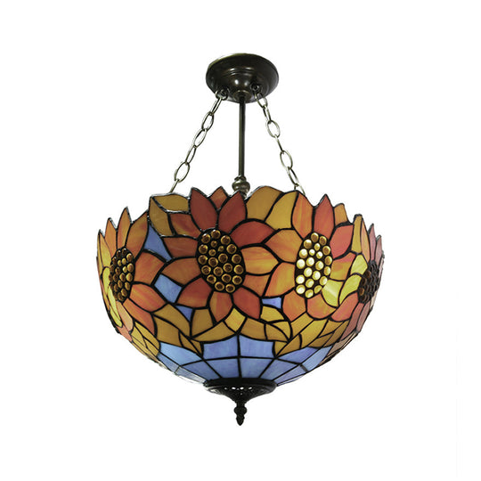 Sunflower Stained Glass Ceiling Light - Rustic Tiffany Style In Orange 12’/16’ Width Semi Flush