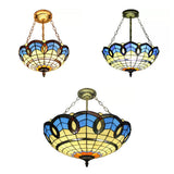 Stained Glass Inverted Ceiling Lamp - Tiffany Baroque Semi Flushmount Light In Beige/Yellow/Antique