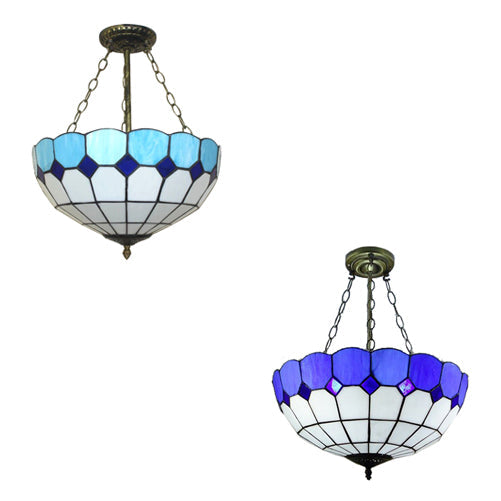 Tiffany Blue Stained Glass Bowl Ceiling Lamp - Cafe Lattice Inverted Mount Light (12’/18’ W)