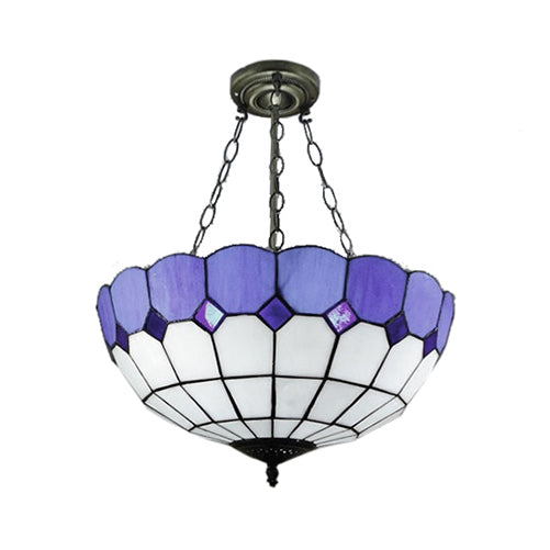 Tiffany Blue Stained Glass Bowl Ceiling Lamp - Cafe Lattice Inverted Mount Light (12’/18’ W)