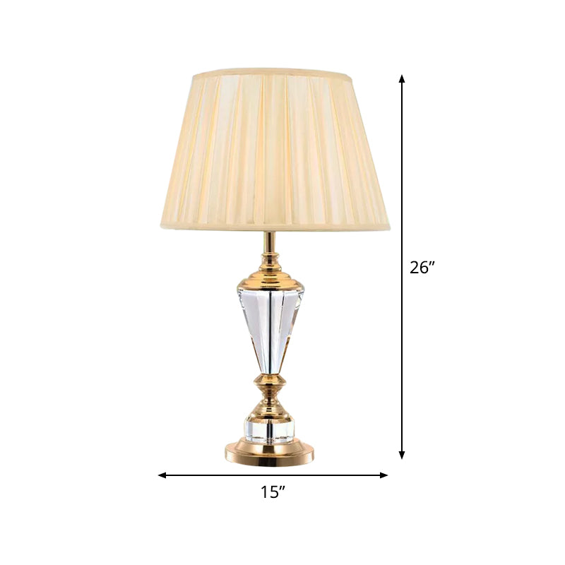 Contemporary White Fabric Study Lamp - Tapered Head Crystal Beveled Font Perfect For Reading