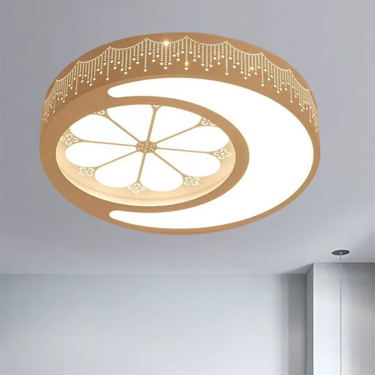 Children’s Metallic Ceiling Lamp: Circular Led Flush Mount Light With Crescent And Flower Design