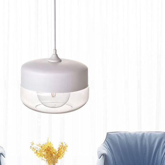 Modern White Glass Pendant Light For Bedroom Ceiling With Clear Round Shade
