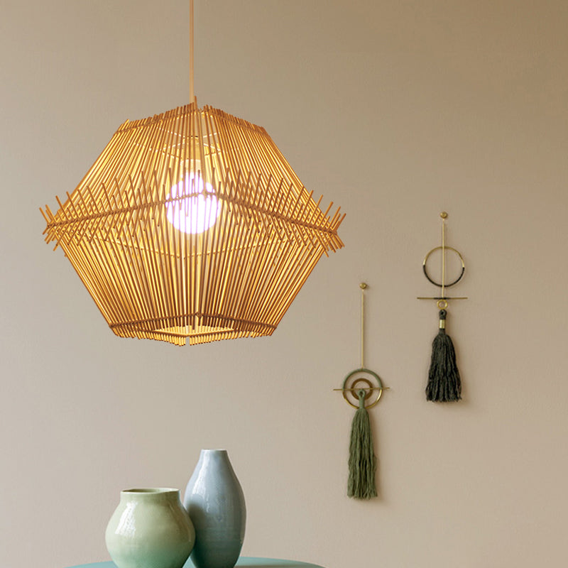 Woven Bamboo Pendant Ceiling Light - Contemporary 1-Head Wood Drop With/Without Shade