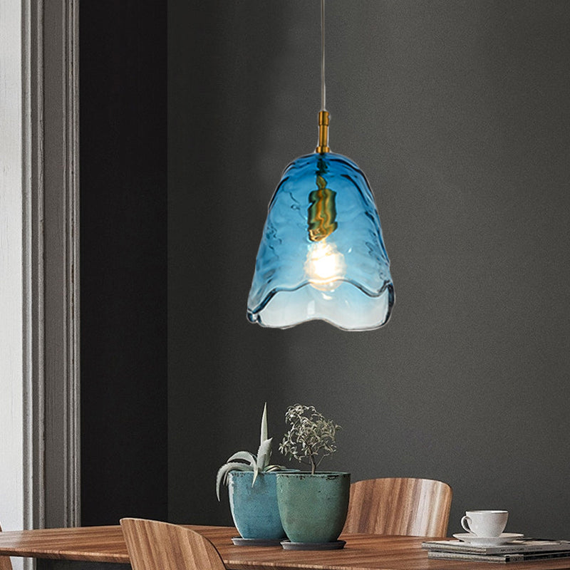 Modern Scalloped Glass Pendant Lamp In Clear/Blue With Brass Finish - Perfect For Open Kitchen