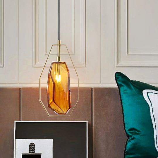 Retro Smoke Grey/Cognac Glass Gemstone Pendant Light With Brass Frame - Head Suspended Ideal For