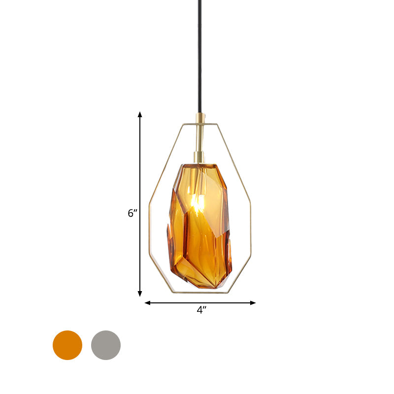 Retro Smoke Grey/Cognac Glass Gemstone Pendant Light With Brass Frame - Head Suspended Ideal For