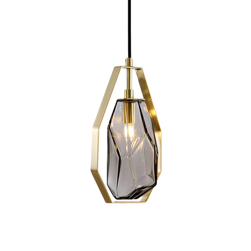 Vintage Gemstone Pendant Light In Smoke Grey/Cognac Glass With Brass Frame