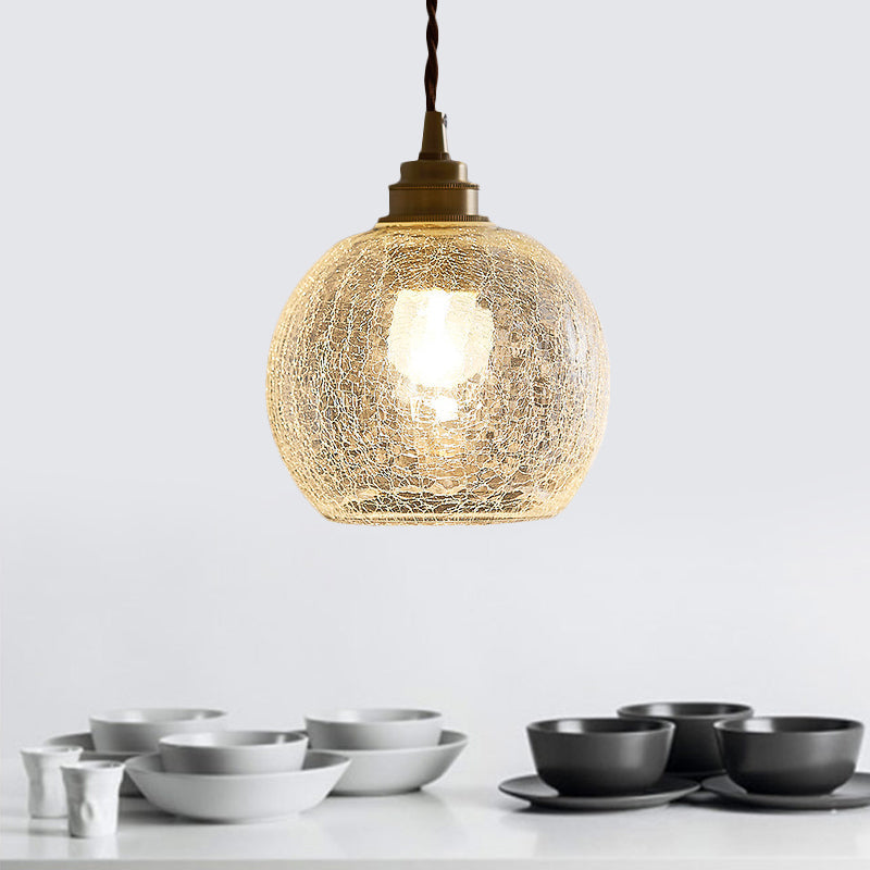 Translucent Crackle Glass 1-Light Pendant Light - Minimalist Spherical Design For Dining Room