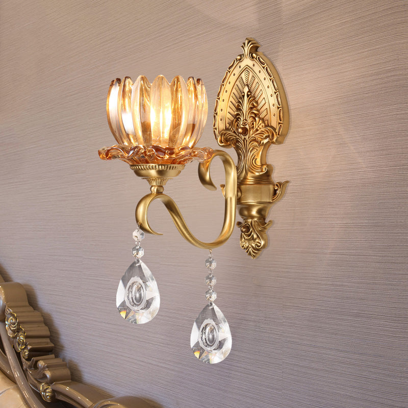 Petal Wall Mount Amber Glass Bedroom Lighting With Crystal Deco - Modern Design In Brass