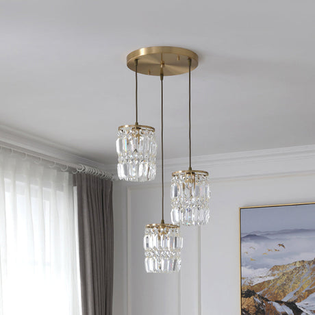 Modern Prismatic Crystal 3-Light Gold Pendant With 2 Layers And Linear/Round Canopy