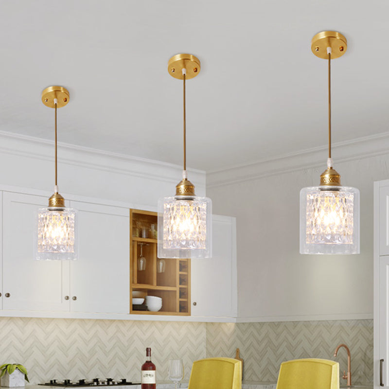 Contemporary Brass Cylinder Pendant Light With Double Clear Glass Shade