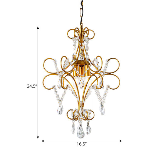Modern Gold Bent Arm Chandelier Light With Glass Strand - 3-Light Iron Hanging Ceiling Fixture