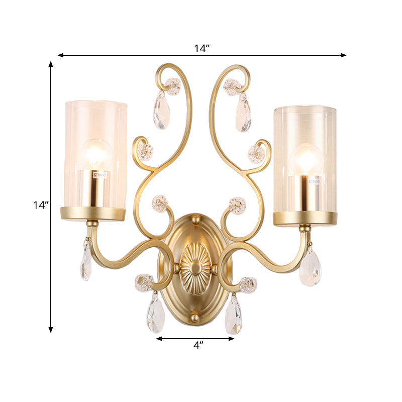 Modern Crystal Brass Sconce Wall Light With Clear Glass Cylinder Shade