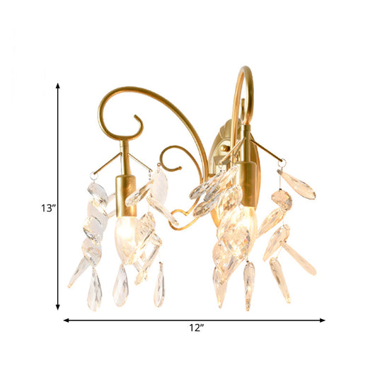 Contemporary Teardrop Crystal Wall Mount Light With 2 Brass Sconce Lights For Bedroom